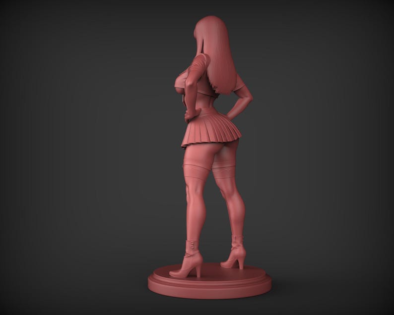May include: A 3D-printed figurine of a person in a short pleated skirt, jacket, and high-heeled boots. The figure is posed with hands on hips, and the hair is long. The figurine is a solid, reddish-brown color and stands on a circular base.
