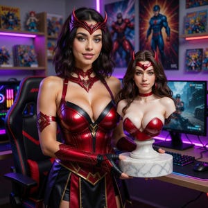 Puede incluir: Una mujer con un disfraz rojo y negro sostiene un busto de un personaje similar. El busto está sobre una base de mármol blanco. El fondo incluye una configuración de computadora, carteles y estantes con cómics. La habitación está iluminada con luces moradas y blancas.