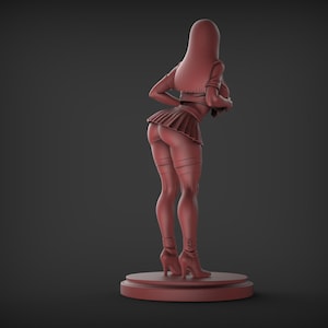May include: A red-brown figurine of a person in a short pleated skirt, crop top, and high-heeled boots. The figure is posed with a slight bend at the waist, and the hair is long and flowing. The figurine is on a circular base.