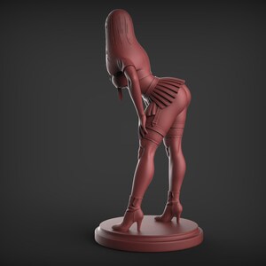 May include: A maroon-colored figurine of a person in a suggestive pose, wearing a short pleated skirt, thigh-high stockings, and high-heeled boots. The figure is leaning forward, with the head and upper body angled downward. The figurine is on a circular base.