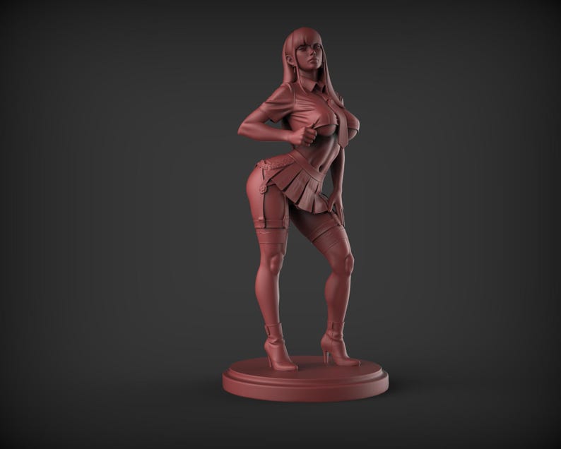 May include: A reddish-brown figurine of a person in a short-sleeved collared shirt, pleated skirt, and thigh-high stockings. The figure is standing on a circular base, with high-heeled boots. The figure is posed with one hand on the shirt.