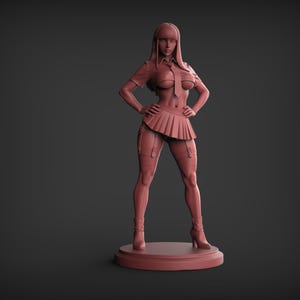 May include: A 3D-printed figurine of a woman in a short-sleeved shirt, tie, pleated skirt, and thigh-high stockings. The figure is standing with hands on hips, and is on a circular base. The color is a reddish-brown.