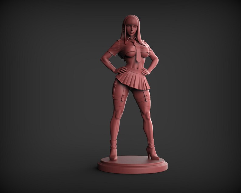 May include: A 3D-printed figurine of a woman in a short-sleeved shirt, tie, pleated skirt, and thigh-high stockings. The figure is standing with hands on hips, and is on a circular base. The color is a reddish-brown.