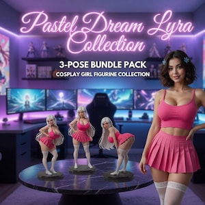 May include: A 3-pose bundle pack of cosplay girl figurines featuring a character with long white hair, a pink crop top, a pink pleated skirt, and white thigh-high stockings. The text reads Pastel Dream Lyra Collection 3-POSE BUNDLE PACK COSPLAY GIRL FIGURINE COLLECTION.