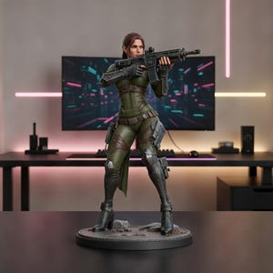 May include: A detailed figurine of a woman in a green and brown tactical outfit, holding a rifle. The figure is posed in a combat stance, with a serious expression. The base is round and the background includes a desk and a computer monitor.