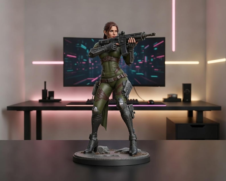 May include: A detailed figurine of a woman in a green and brown tactical outfit, holding a rifle. The figure is posed in a combat stance, with a serious expression. The base is round and the background includes a desk and a computer monitor.