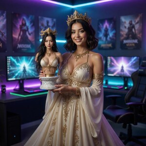 May include: A person wearing a cream-colored gown with gold embroidery and a matching crown, holding a miniature bust of a figure in a similar outfit. The bust is mounted on a white marble-style pedestal, featuring intricate gold detailing and trim.