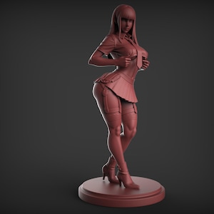 May include: A 3D-printed figurine of a woman in a short-sleeved uniform, skirt, and high heels. The figure is standing on a circular base. The color is a reddish-brown.