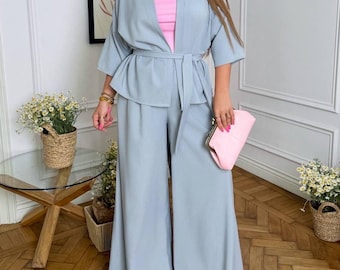 Plus Size Palazzo Pants Set | Women Two Piece Outfit | Wrap Cardigan And Wide Leg Trousers | Casual Elegant Wear