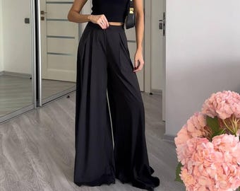 High Waist Wide Leg Palazzo Pants, Flowy Soft Fabric Trousers
