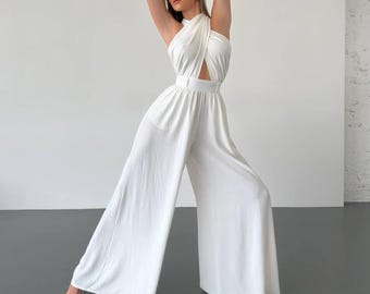 Wide Leg Crepe Jumpsuit for Women, Elegant Sleeveless One Piece | Minimalist Evening Outfit, Bridesmaid Look, Soft Tailored Fit