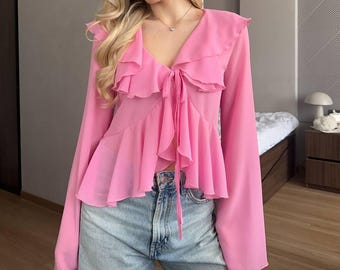 Ruffle Chiffon Blouse Women, Romantic V Neck Top, Flowy Tie Front Blouse, Bell Sleeve Shirt, Elegant Lightweight Summer Blouse