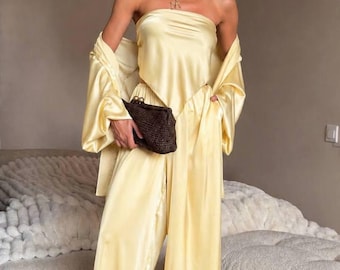 Silk Three Piece Set, Oversized Shirt And Wide Leg Pants, Matching Scarf, Satin Lounge Outfit, Elegant Travel Wear