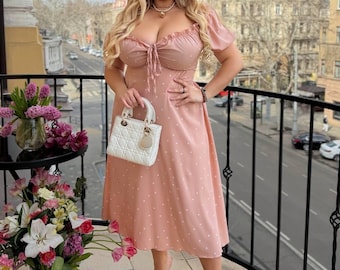 Polka Dot Midi Dress, Puff Sleeve, Lace Up Back, Soft Fabric, Romantic Outfit