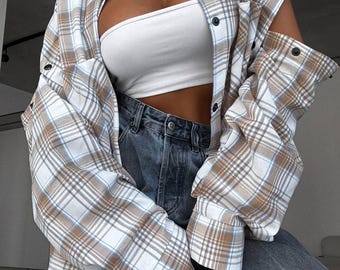 Oversized Chocolate Plaid Flannel Shirt: Cozy Layering Top for Fall Outfits