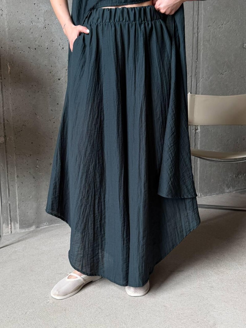 Linen Look Viscose Tencel Co-ord Set Women, Asymmetric Tunic Top Wide Leg Pants, Minimalist Summer Two Piece Set, Ivory Black Emerald, Plus image 8