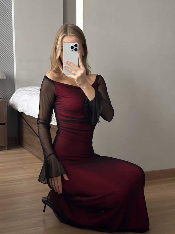 Gothic Maxi Dress | Dark Romantic Evening Gown, Off Shoulder Design, Sheer Mesh Sleeves, Mermaid Silhouette, Victorian Inspired Style