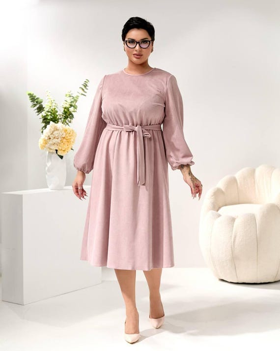 Plus Size Suede Style Dress with Elastic Waist - Long Sleeve Casual Midi Dress for Curvy Women - Comfortable Everyday Fit, Soft Suede Fabric