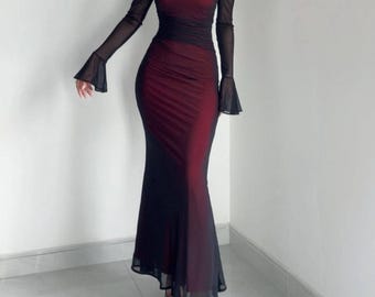Gotische stijl vrouwen jurk viscose mesh stof off-shoulder bodycon cocktail outfit elegante zwarte of rode gotische mode romantische feestkleding