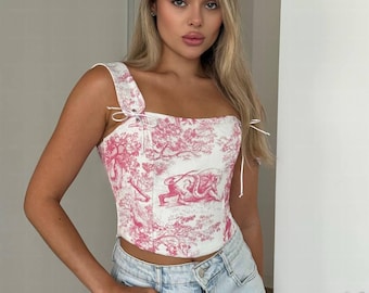 Top a corsetto con spalle scoperte / Top bustier strutturato / Corsetto con spalline rimovibili / Top con stampa francese / Top in stile haute couture vintage