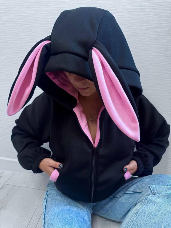 Women Bunny Hoodie, Fleece Hoodie, Cozy Sweatshirt Warm Casual Hoodie Cute Print, Women Clothing, Valentine's Day gift