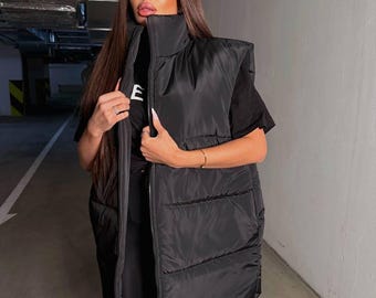 Oversized Puffer Vest Women, Quilted Sleeveless Jacket, Streetwear Outerwear Vest, Minimalist Layering Outfit | Casual Fall Winter Vest
