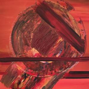 May include: Abstract painting with a predominantly red color palette. The artwork features a large, textured circular shape with dark brown and red brushstrokes, intersected by a horizontal dark red line. The background is a gradient of red hues.