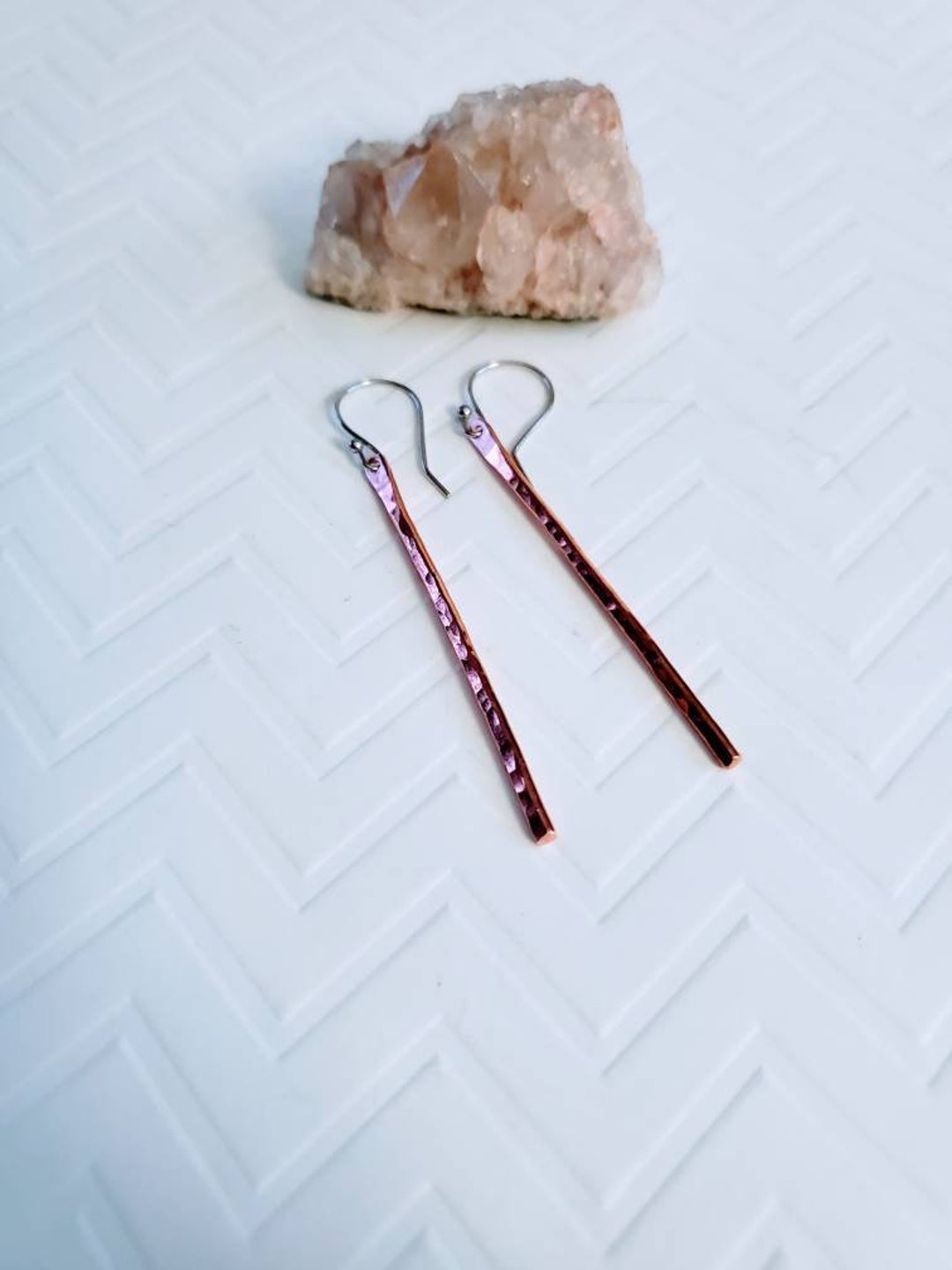Solid Copper Bar Hammered Earrings Etsy