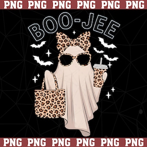 May include: A graphic illustration of a ghost wearing leopard print sunglasses and a matching bow, holding a leopard print tote bag and a matching cup. The text BOO-JEE is arched above the ghost, surrounded by white bats and stars on a black background.