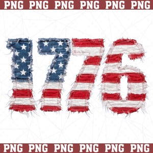 May include: The number "1776" is displayed in a patriotic design. The numbers are made to look like they are made of denim and the American flag. The "1" and "7" are blue with white stars, and the "7" and "6" are red and white stripes.
