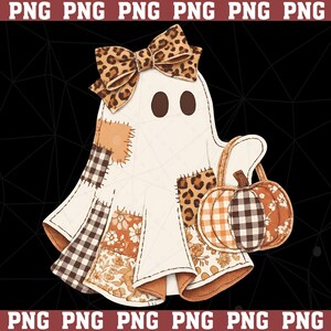 May include: A white ghost illustration featuring a leopard print bow on its head and patches of brown, orange, and black plaid, floral, and leopard patterns. The ghost holds a pumpkin bucket with matching plaid and floral fabric textures.