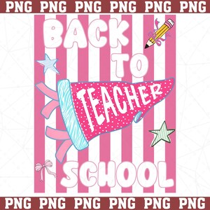 Könnte beinhalten: Ein digitales Grafikdesign mit vertikalen rosa und weißen Streifen und dem Text BACK TO TEACHER SCHOOL in weißen Buchstaben. Ein rosa gepunkteter Wimpel, ein gelber Bleistift mit rosa Schleife, zwei Sterne und eine kleine rosa Schleife sind enthalten.