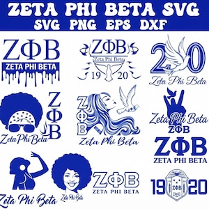 May include: A collection of blue digital graphic designs featuring the text Zeta Phi Beta, ZΦB, and 1920. The designs include various illustrations such as a dove, a person with an afro, a silhouette, and a crest, all presented in a blue color scheme.