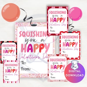 Może przedstawiać: Kolekcja walentynkowych etykiet prezentowych z napisem "Squishing you a Happy Valentine's Day" w kolorze różowym, czerwonym i pomarańczowym. Etykiety mają miejsce na "Do:" i "Od:" i są ozdobione sercami i balonami.