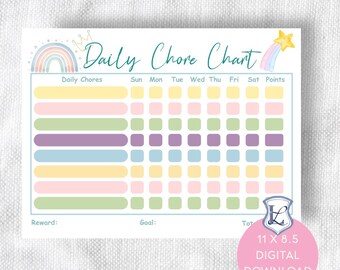 Può includere: Un grafico delle faccende quotidiane dai colori pastello con un design arcobaleno e stella. Il grafico include spazi per le faccende quotidiane, i giorni della settimana e i punti. Il testo "Daily Chore Chart" è scritto in un carattere corsivo. Il grafico misura 27,9 x 21,6 cm.