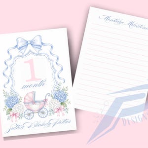 Puede incluir: Dos tarjetas rectangulares blancas con ilustraciones en acuarela azul y rosa. Una tarjeta muestra un cochecito de bebé, un lazo azul grande, flores, el texto 1 month y el nombre Sutton Blakely Pettus. La segunda tarjeta tiene líneas y el texto Monthly Milestones.