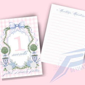 Puede incluir: Dos tarjetas rectangulares con fondo de cuadros vichy rosa claro. La tarjeta izquierda presenta un gran número 1 rosa, el texto month y Sutton Blakely Pettus, enmarcado por lazos azules, vegetación e hortensias azules. La tarjeta derecha tiene líneas.