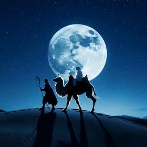 May include: A nighttime desert scene with a large full moon and a starry sky. Silhouetted figures ride a camel, led by a person with a staff. The image evokes a sense of travel and adventure under the night sky.