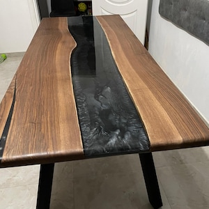 Black Epoxy River Dining Table, Live Edge Walnut, Modern Custom Furniture