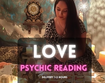 May include: A psychic reading service featuring a table covered in tarot cards, lit candles, and a glass bottle. The text LOVE PSYCHIC READING is displayed prominently over the scene, which includes a wall clock and patterned fabric.