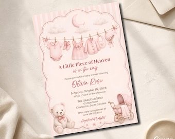 A Little Piece of Heaven Baby Shower Invite, Pink Girl Celestial Shower, Editable Canva Template