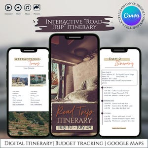 May include: A digital road trip itinerary displayed on three smartphones. The central phone shows "Road Trip Itinerary July 10 - July 24". The left phone displays tour details. The right phone shows a daily itinerary with times and activities.