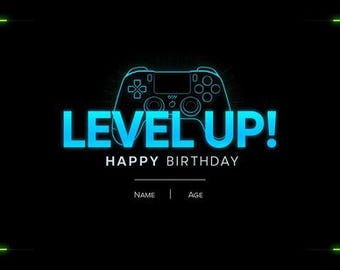 Tarjeta de cumpleaños para gamer ¡Sube de nivel! – Tarjeta de cumpleaños neón para gamers – Descarga digital