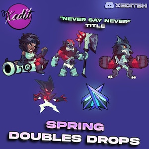 Könnte beinhalten: Digitale Illustration mit Cartoon-Charakteren, darunter eine Frau auf einer Kanone, ein Ork mit einer Axt und ein Werwolf. Der Text lautet "NEVER SAY NEVER" und "SPRING DOUBLES DROPS" auf lila Hintergrund.