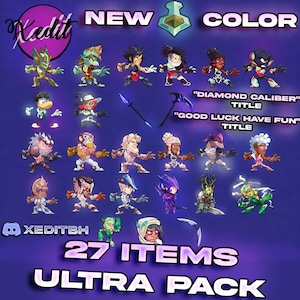 Pack de 27 articles Brawlhalla | Nouvelles V7 et V6, couleurs, habillages, émoticônes, titres CCV2 (livraison numérique)