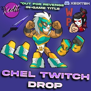 Pode incluir: Ilustração digital de um personagem mascarado de tigre em verde-azulado, amarelo e branco, com calçado e luvas a condizer. A imagem inclui o texto "OUT FOR REVENGE IN-GAME TITLE" e "CHEL TWITCH DROP."