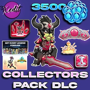 May include: Promotional image for a Brawlhalla Collector's Pack DLC. It features a cartoon warrior with a horned helmet, various in-game items, and the text "COLLECTORS PACK DLC". The color scheme includes red, black, and blue.