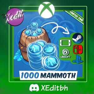 May include: Digital graphic featuring a wooden barrel overflowing with blue coins, each with an elephant design. The image includes the text "1000 MAMMOTH" and logos for Xbox, Steam, Ubisoft, Nintendo Switch, and PlayStation.