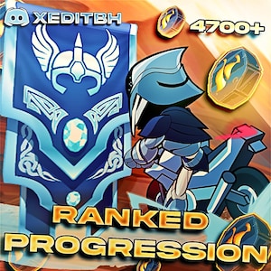 Peut inclure: Graphique numérique avec un chevalier bleu sur une moto, une bannière et des pièces d'or. La bannière présente un design de casque et le texte "RANKED PROGRESSION". L'image comprend également le texte "4700+" et le logo Discord.