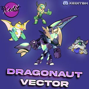 Puede incluir: Ilustración digital con personajes de dibujos animados en morado y dorado. La imagen incluye una criatura parecida a un dragón, un guerrero y una figura parecida a un gato. El texto "DRAGONAUT VECTOR" se muestra en la parte inferior.
